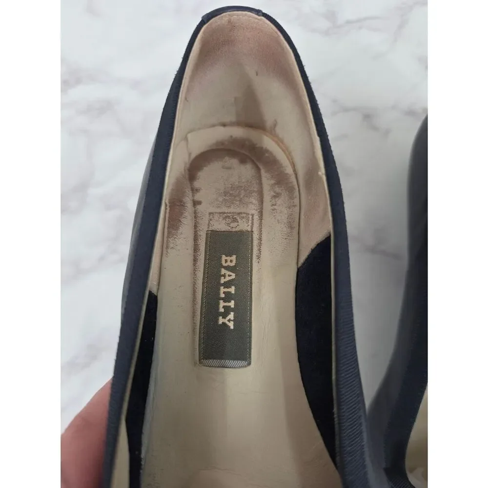Bally Belle Leather Navy Blue Gold Tone Bow-Accent Women's Low Wedge Ballet Flat - Picture 8 of 14